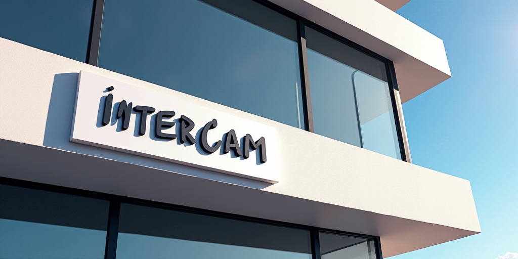 a sign that reads intercam banco on the side of a building with glass windows and a sky background,