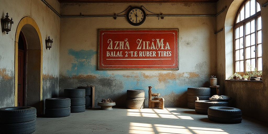a sign that says aztema rubber and tire manufacturing mix on a wall in a building with a clock, Alon