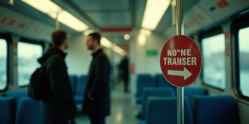 a sign that says money transfer on it and two people standing in the background looking at it in a t