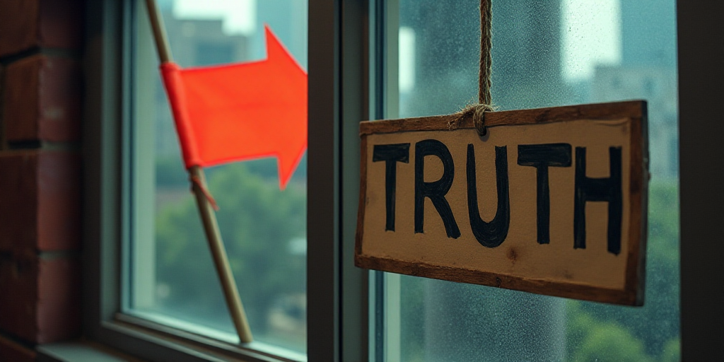 a sign that says truth and a flag behind it in a building with a window that says truth and a flag b
