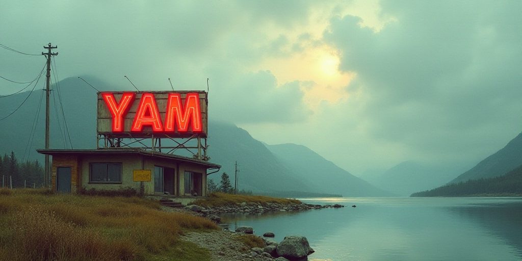 a sign that says yam on top of a building with a lake in the background and a cloudy sky, Ay-O, maya