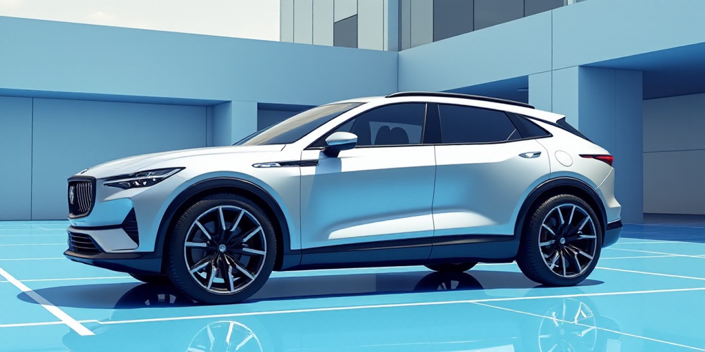 a silver suv parked in front of a building with a blue floor and a large building in the background,
