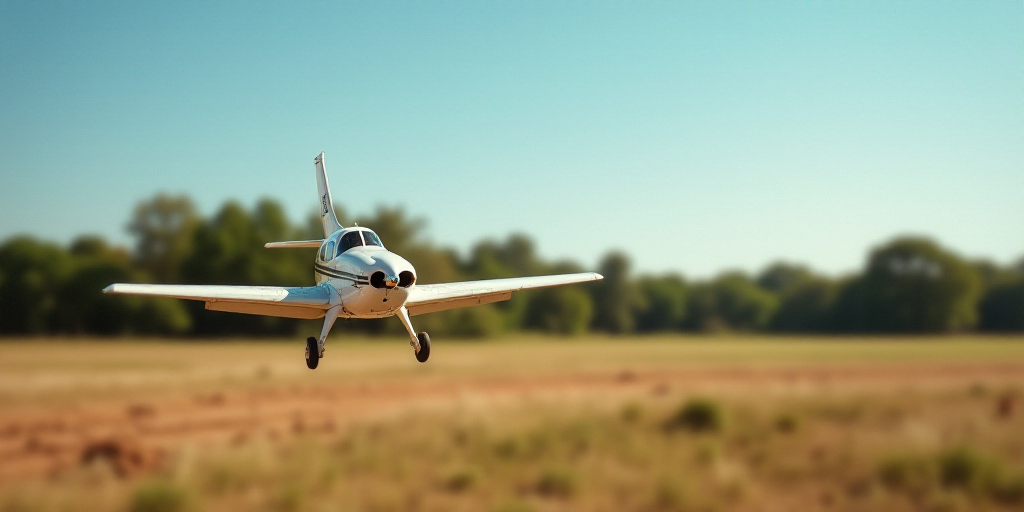 a small plane is flying low over a field of dirt and grass with trees in the background and a blue s