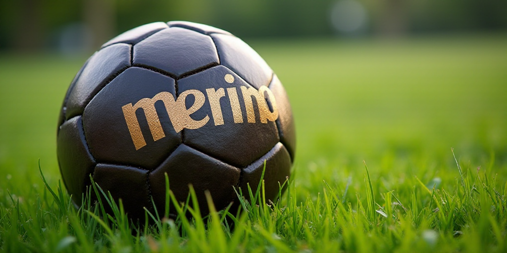 a soccer ball sitting on top of a green field of grass with the words merino written on it, Akseli G