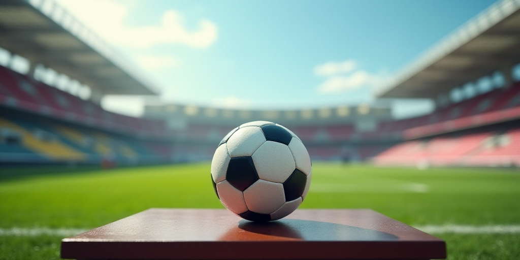 a soccer ball sitting on top of a table in a stadium with a sky background and a sky line, Carles De