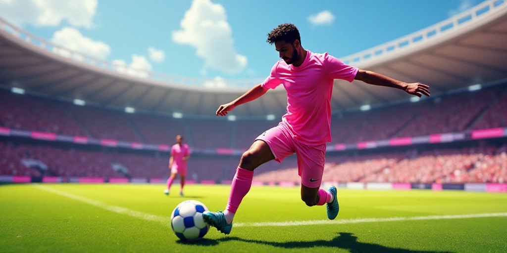a soccer player in pink kicking a soccer ball on a field with a crowd watching him from the stands,