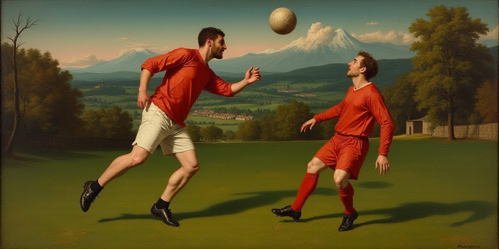 a soccer player is jumping to catch the ball in the air as the other player is on the field, Andrew
