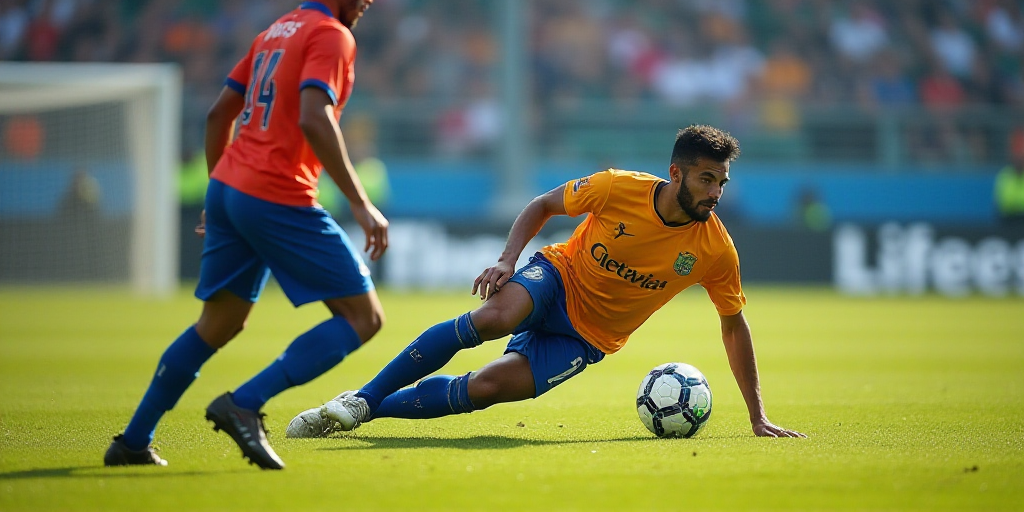 a soccer player is trying to block a ball from a soccer player who is diving for it on the field, Ca
