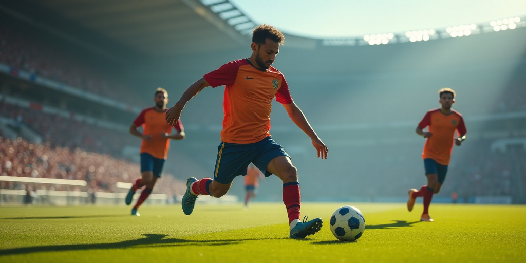 a soccer player is trying to kick the ball while another player is running towards him and a third p