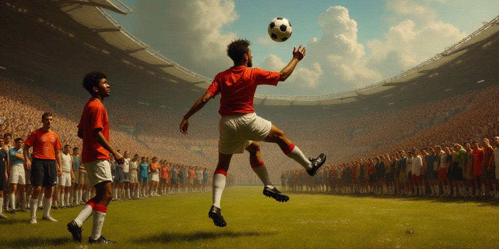 a soccer player jumps in the air to catch a ball while another player watches from the sidelines in