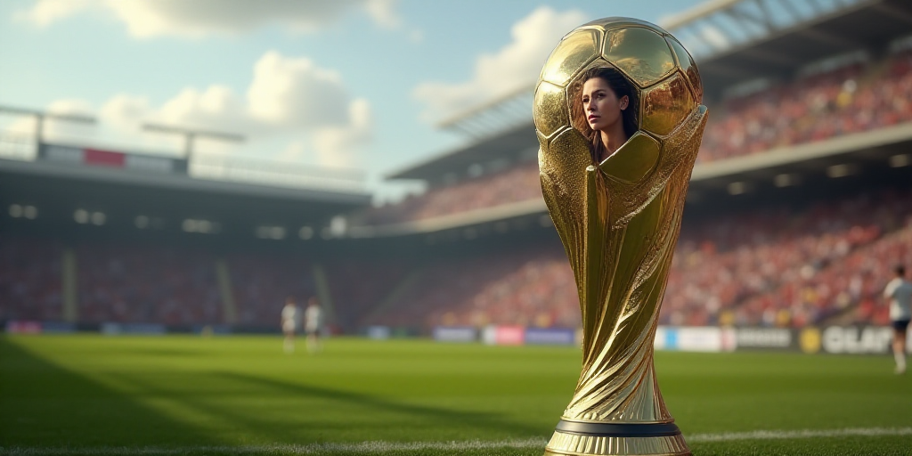 a soccer trophy with a picture of a woman on it and a stadium in the background with a crowd, Carles