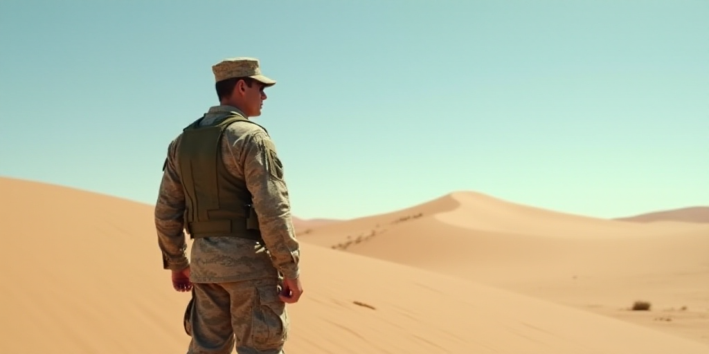 a soldier in camouflage standing in the desert looking at something in the distance with a sky backg