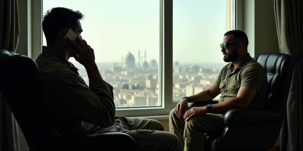 a soldier is talking on a cell phone while looking out a window at a city below him and a soldier is