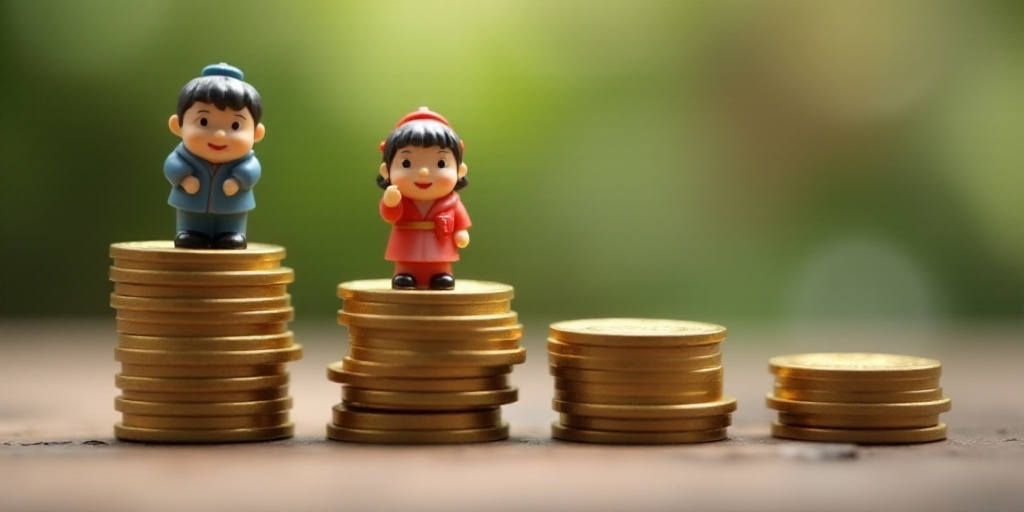 a stack of coins with two figurines on top of it and a row of coins in the background, An Zhengwen,