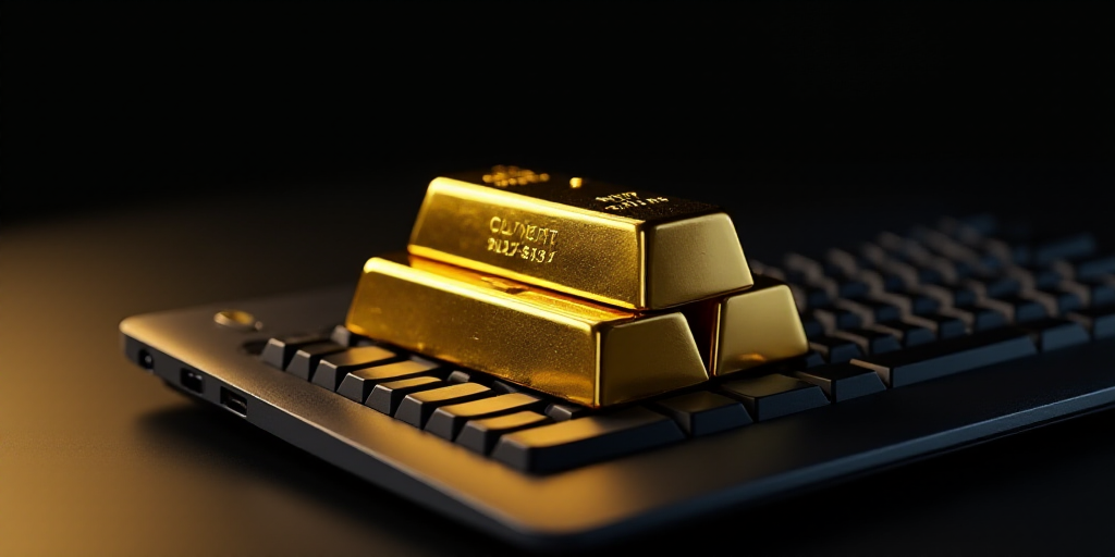 a stack of gold bars sitting on top of a keyboard keyboard, with a black background and a gold bar o