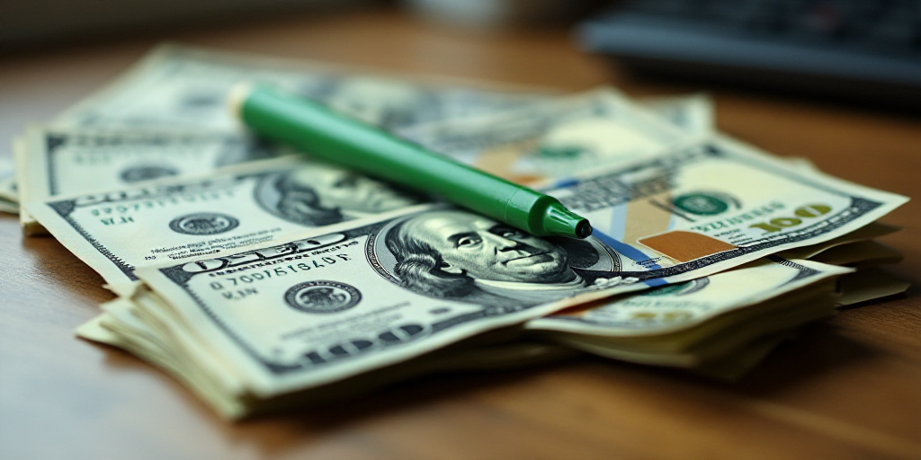 a stack of twenty dollar bills sitting on top of each other on a table with a green marker on it, Be