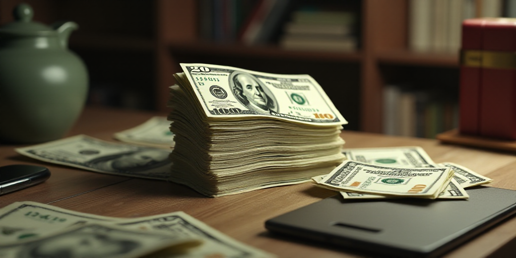 a stack of twenty dollar bills sitting on top of each other on a table in a room with other items, B