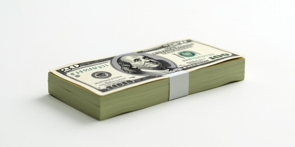 a stack of twenty dollar bills sitting on top of each other on a white surface with a white backgrou