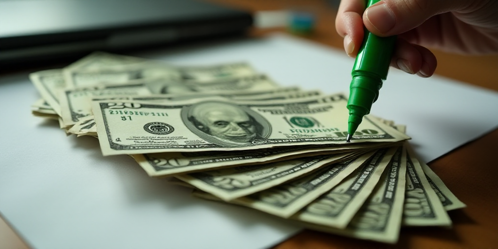 a stack of twenty dollar bills sitting on top of each other on a table with a green marker on it, Be
