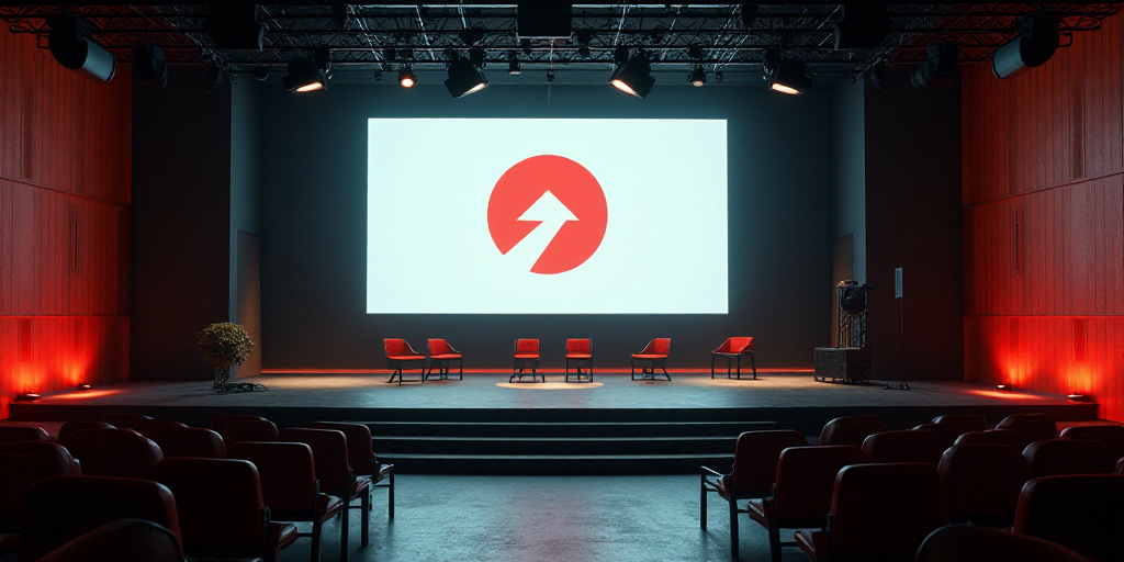 a stage with a large screen and chairs on it with a logo on the wall behind it and a stage with a sp