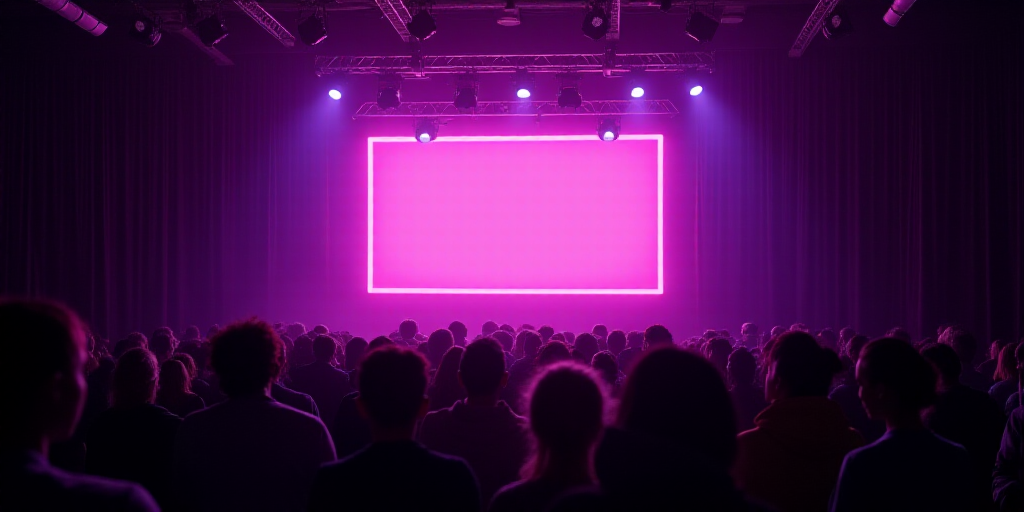 a stage with a neon sign and a crowd of people watching it on a stage with a purple curtain, Avgust