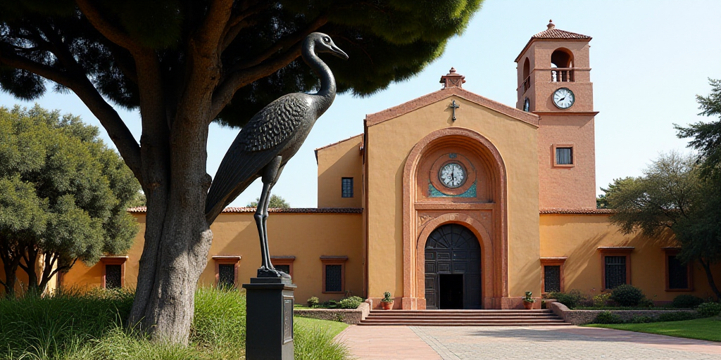 a statue of a bird on a tree in front of a building with a door and a clock tower, David Alfaro Siqu