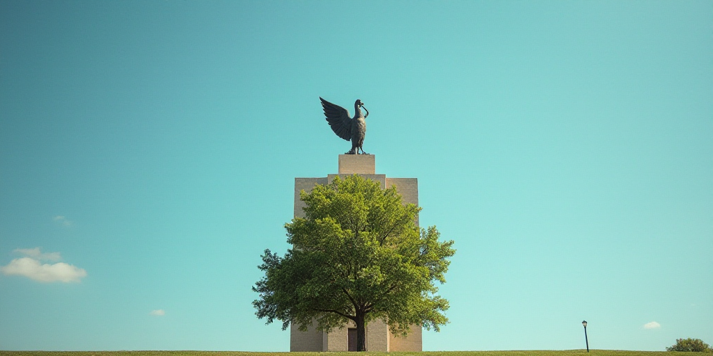 a statue of a bird on top of a building with a tree in front of it and a blue sky behind it, Dennis