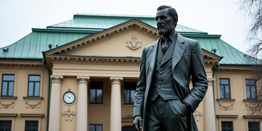 a statue of a man in front of a building with a skylight on top of it's roof, Carl Gustaf Pilo, fron