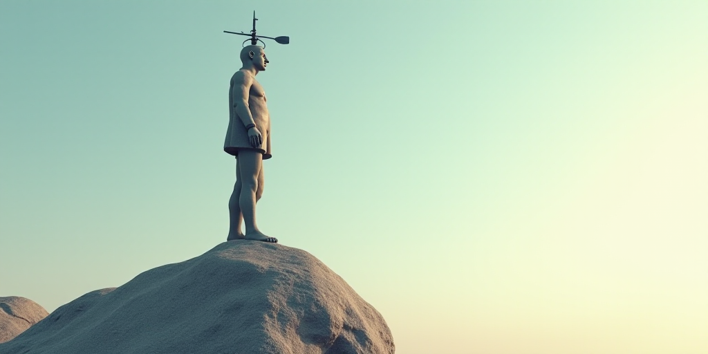 a statue of a man on top of a rock with a wind indicator on it's head and a sky background, Andries