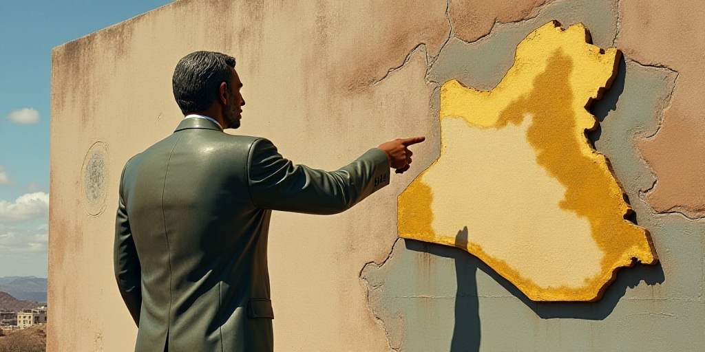 a statue of a man pointing at a map of the country of iraq on a wall with a map of the country of ir