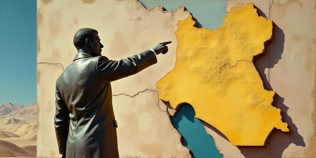 a statue of a man pointing at a map of the country of iraq on a wall with a map of the country of ir