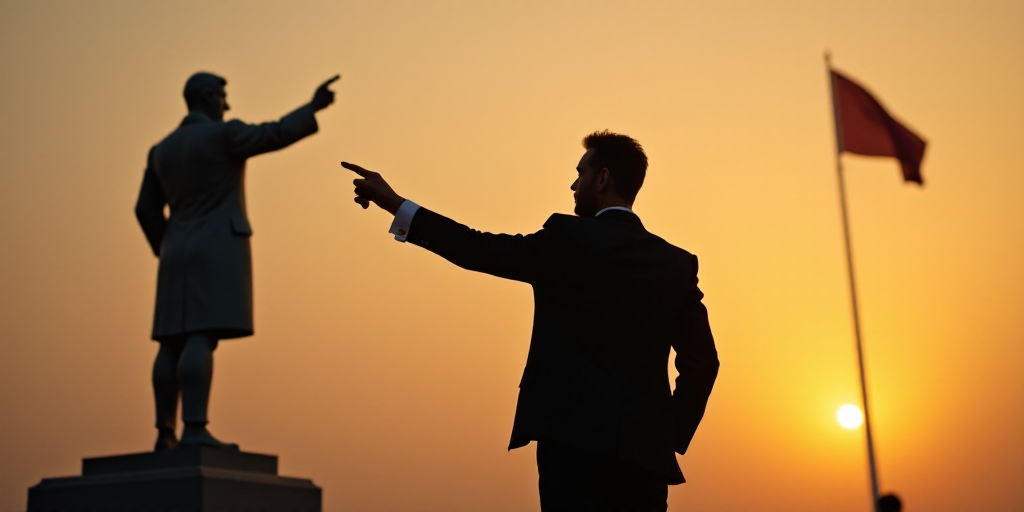a statue of a man pointing at a flag in the background of a silhouette of a man in a suit, Don Arday