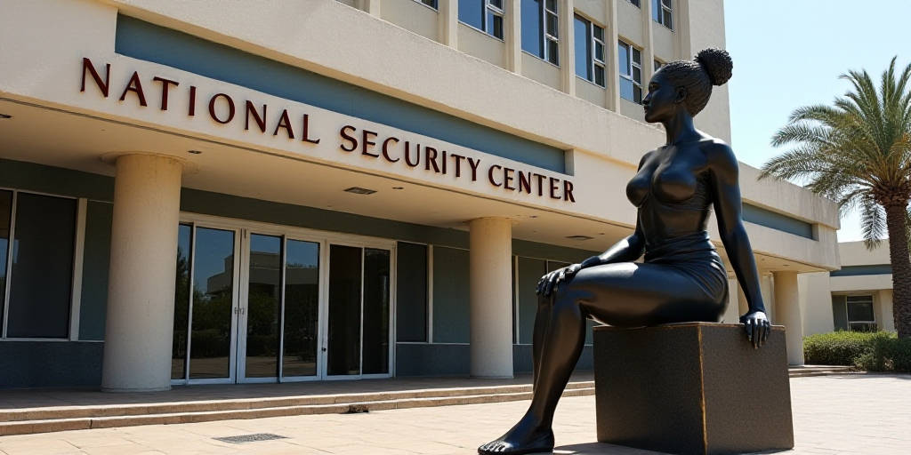 a statue of a woman sitting on a chair in front of a building with a sign that says the national sec
