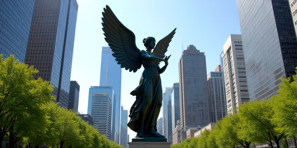 a statue of an angel in a city park with skyscrapers in the background, in a sunny day, David Alfaro
