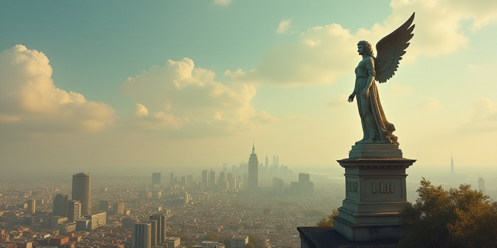 a statue of an angel on top of a building with a city in the background with the words atlas written