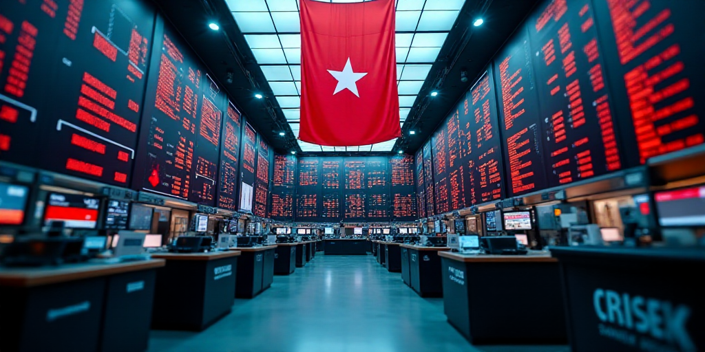 a stock market with a large display of stock prices on the wall and a flag hanging from the ceiling,