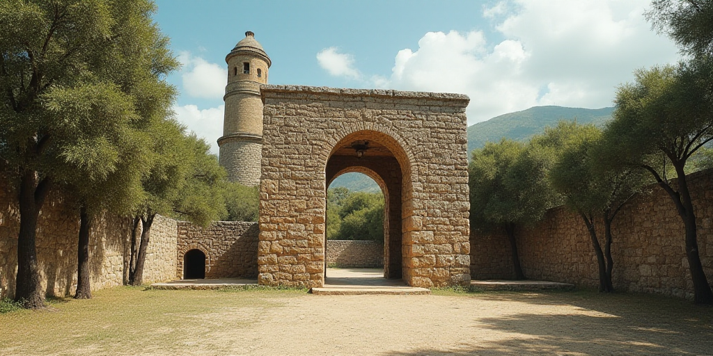 a stone structure with a doorway in the middle of it and a tower in the background with trees in the