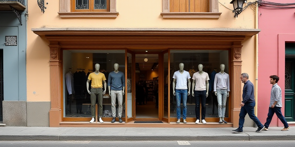 a store front with mannequins and shirts on display in front of it and people walking by, Ceferí Ol