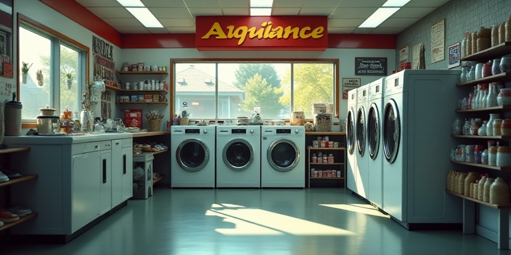 a store with a washing machine and dryer in it's display area and a sign that says appliance, Doug O