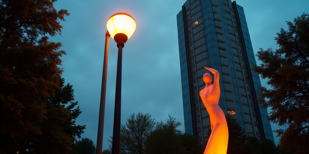 a street light and a tall building in the background with trees in the foreground and a street light