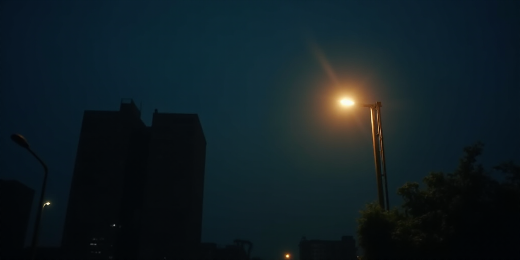 a street light is lit up at night time with a building in the background and a street light in the f