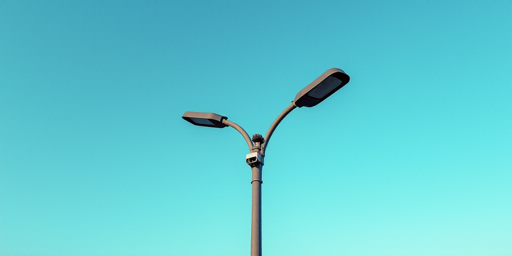 a street light with a camera attached to it's pole and a blue sky in the background with no clouds,