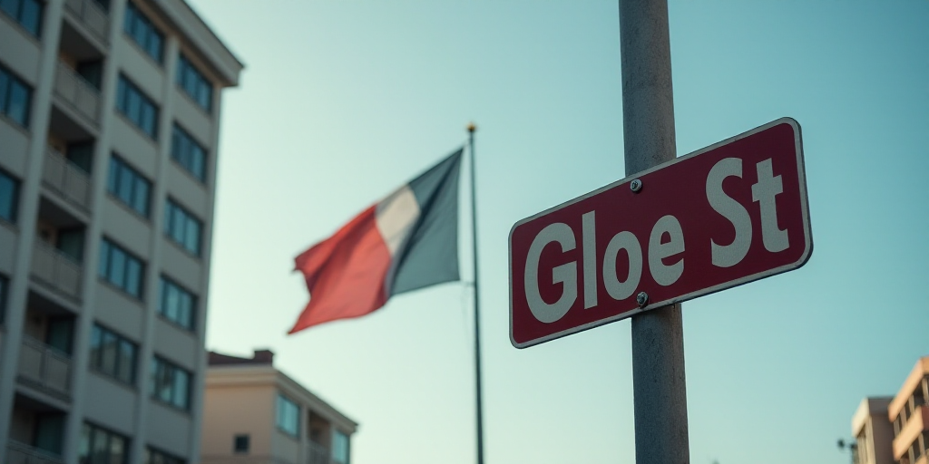 a street sign on a pole with a flag in the background of a building and a flag in the background, An