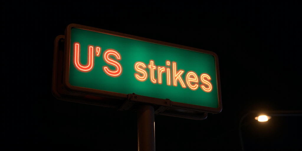 a street sign that is lit up at night time with the words u s strikes hours later on it, David Diao,