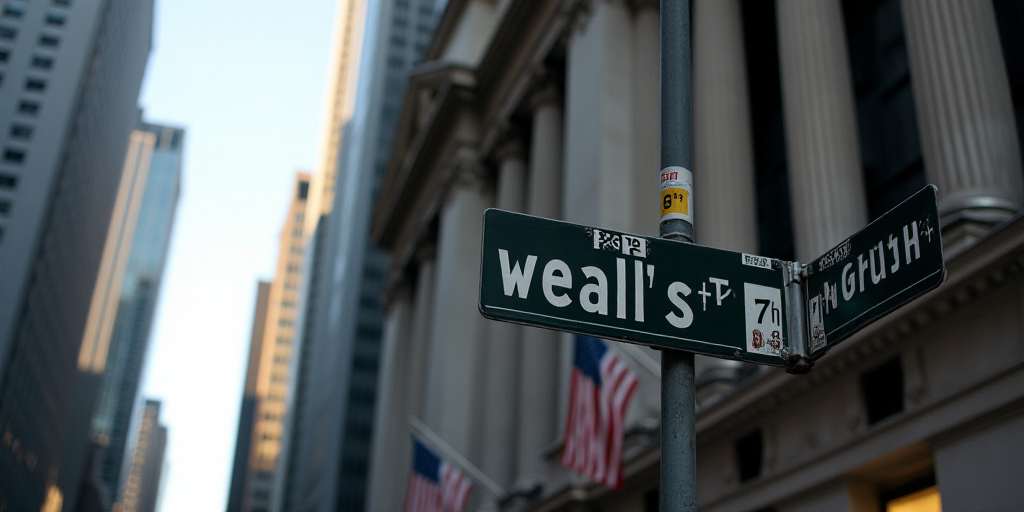 a street sign that is on the side of a building that says wall street and new york stock exchange, A