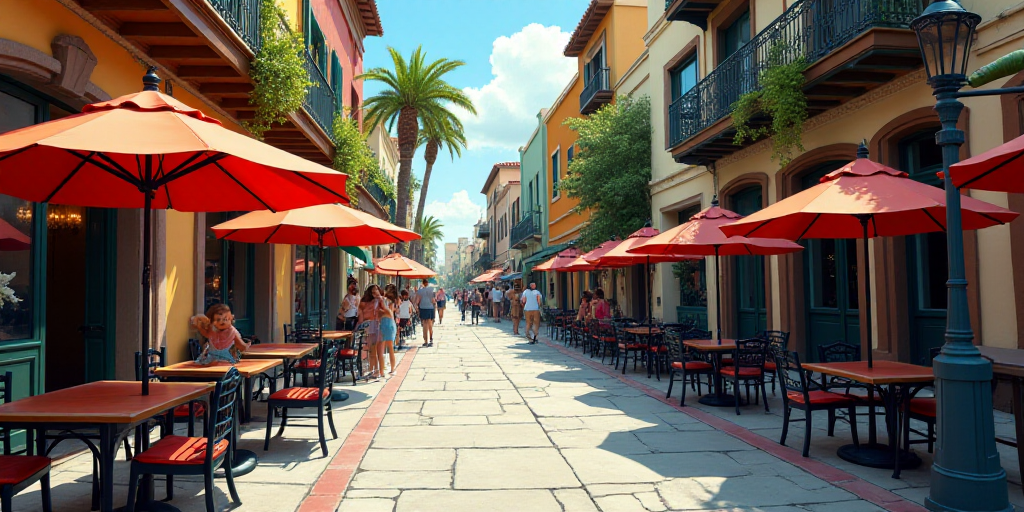 a street with tables and chairs and umbrellas on the side of it and people walking by the sidewalk,