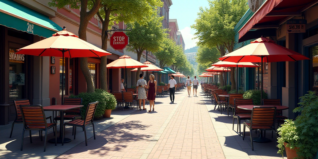 a street with tables and chairs and umbrellas on the side of it and people walking by the sidewalk,