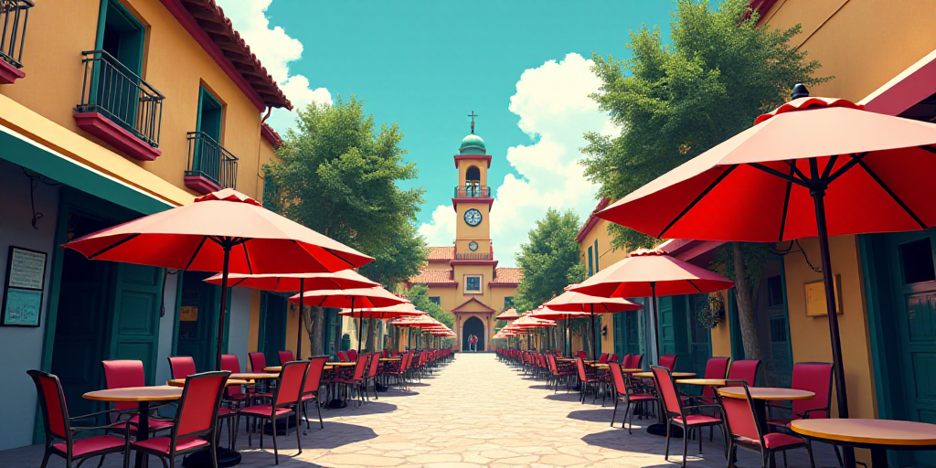 a street with tables and umbrellas on both sides of it and a building with a clock tower in the back