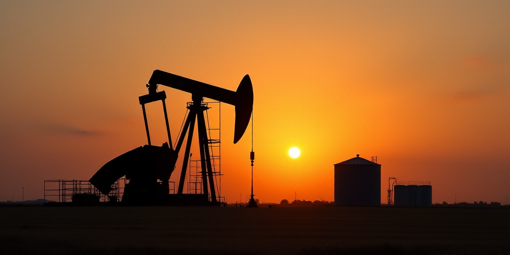a sunset behind an oil pump with the sun setting behind it and a truck in the foreground with a grai