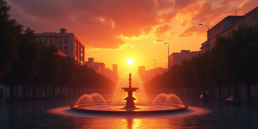 a sunset view of a city with a fountain in the middle of the street and buildings in the background,